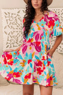 Floral Bubble Sleeve V Neck Tiered Ruffle Babydoll Dress Floral