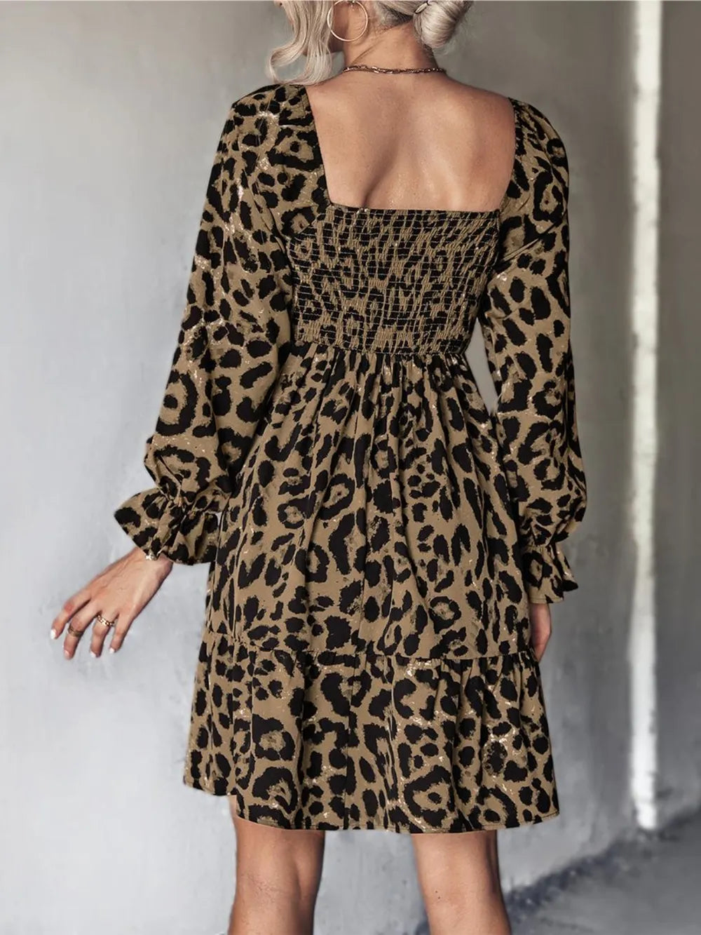 Leopard Print Smocked Mini Dress with Ruffled Flounce Sleeves - Slightly Stretchy & Opaque