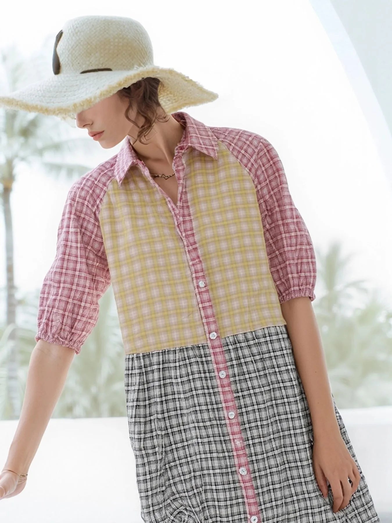 Vibrant Gingham Shirt Dress for Women - Stylish Buttoned Design, Cotton-Nylon Blend, Imported