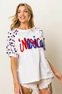 BiBi Metallic Letter Spangle Raglan Puff Sleeve Top - Store 42