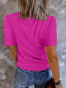 Trendy Solid V-Neck Short Sleeve T-Shirt - Slightly Stretchy, 95% Polyester, 5% Spandex - Store 42
