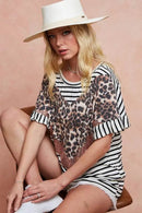 BiBi Stripe Rayon Span Knit Color Block Top With Leopard - Store 42
