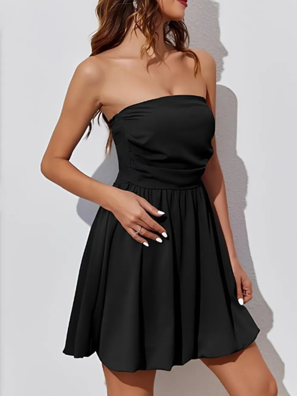 Sleek Ruched Tube Mini Dress - Opaque, Slightly Stretchy, 65% Polyester, 35% Cotton