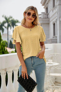 Trendsi Eyelet Flutter Sleeve Semi-Sheer Round Neck Casual Top - 100% Polyester - Store 42