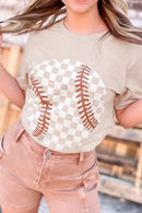 Contrast Checkered Baseball Graphic Round Neck Short Sleeve T-Shirt Dust Storm