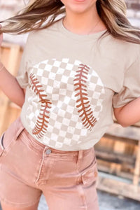 Contrast Checkered Baseball Graphic Round Neck Short Sleeve T-Shirt Dust Storm