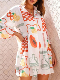 Printed Three-Quarter Sleeve Mini Dress Orange