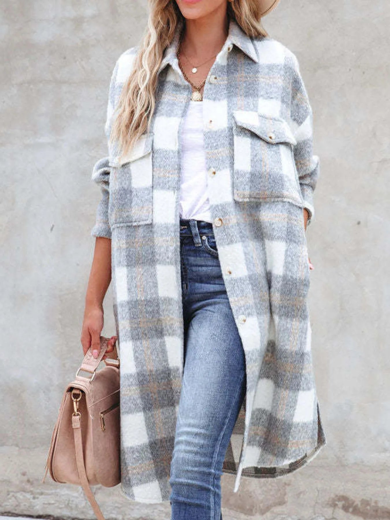 Oversized Plaid Button Up Longline Jacket