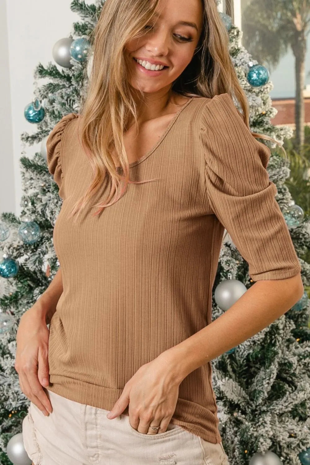 Trendy BiBi Variegated Rib Knit Puff Sleeves Top with Shorts Design - Modern & Chic Style