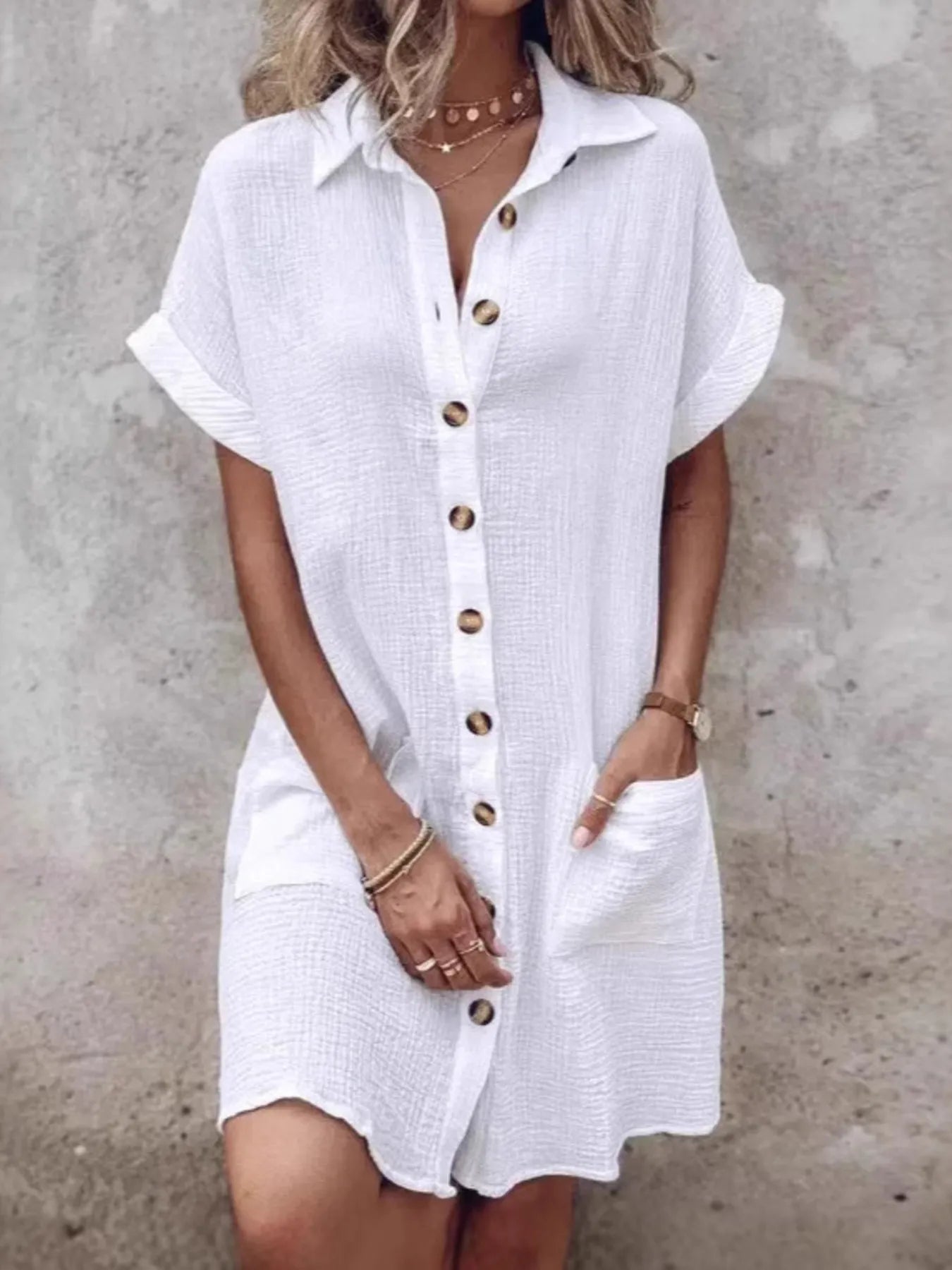 Textured Button-Front Shirt Dress