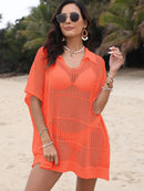 Hollow Out Collared Neck Cover-Up Orange One Size