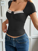 Lace Detail Short Sleeve T-Shirt with Buttoned Closure - Stretchy Polyester Blend Top - Store 42