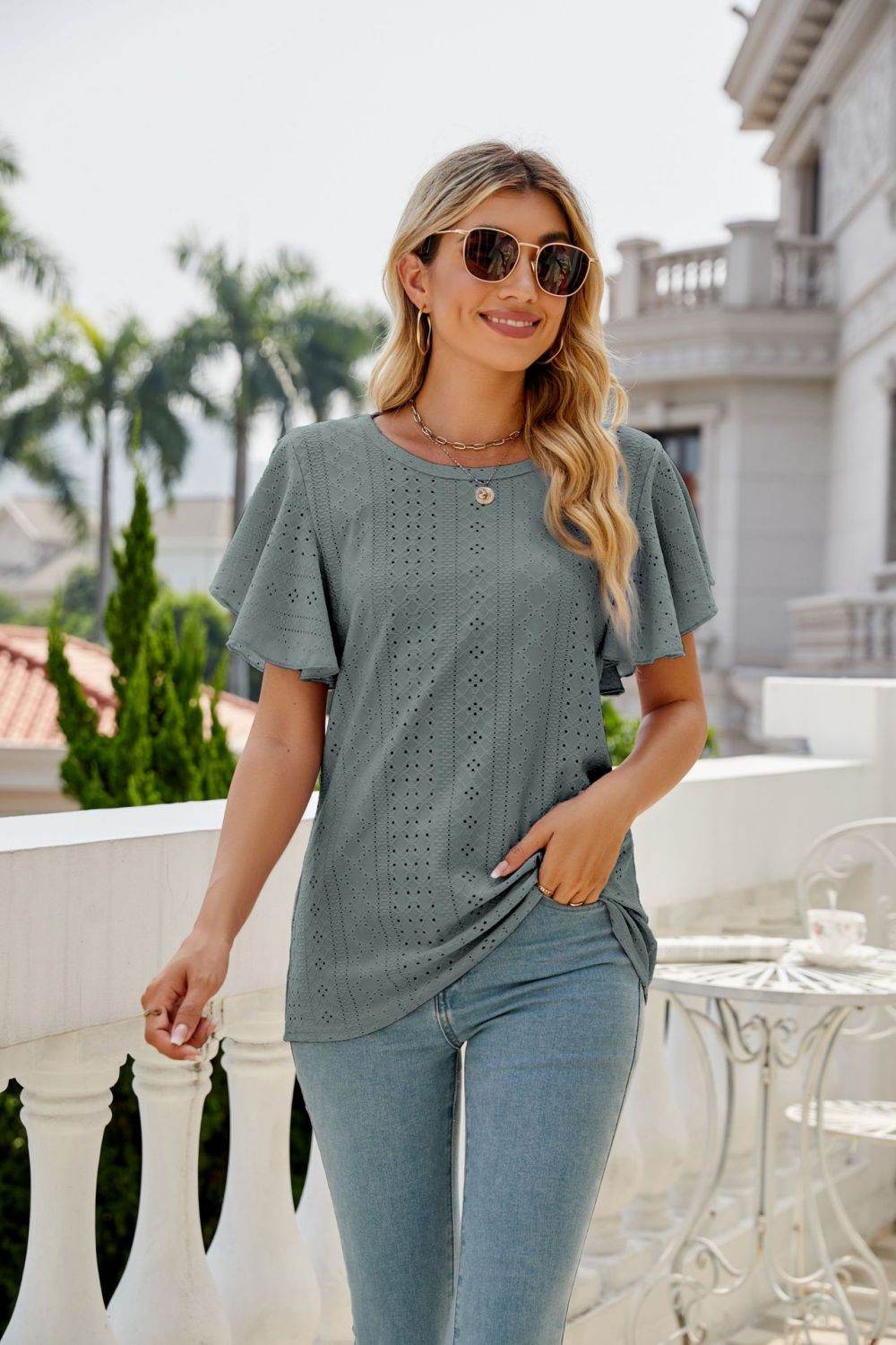 Trendsi Eyelet Flutter Sleeve Semi-Sheer Round Neck Casual Top - 100% Polyester - Store 42