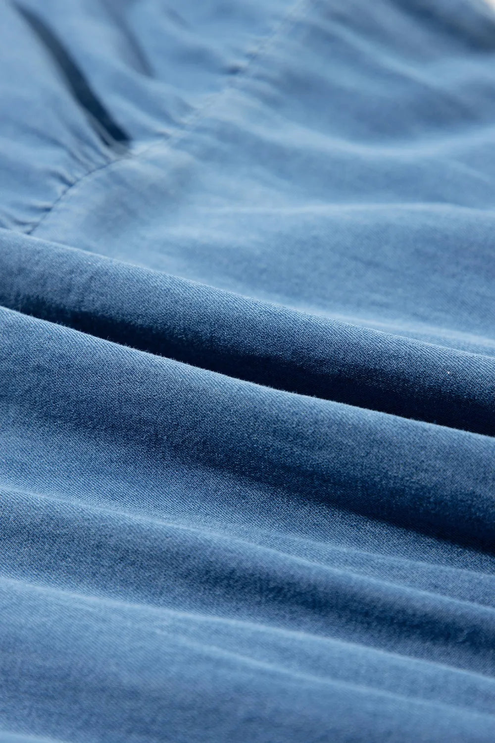 Tie Neck Tiered Maxi Denim Dress