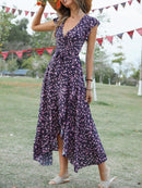 Printed Surplice Ruffle Sleeve Dress Navy Blue