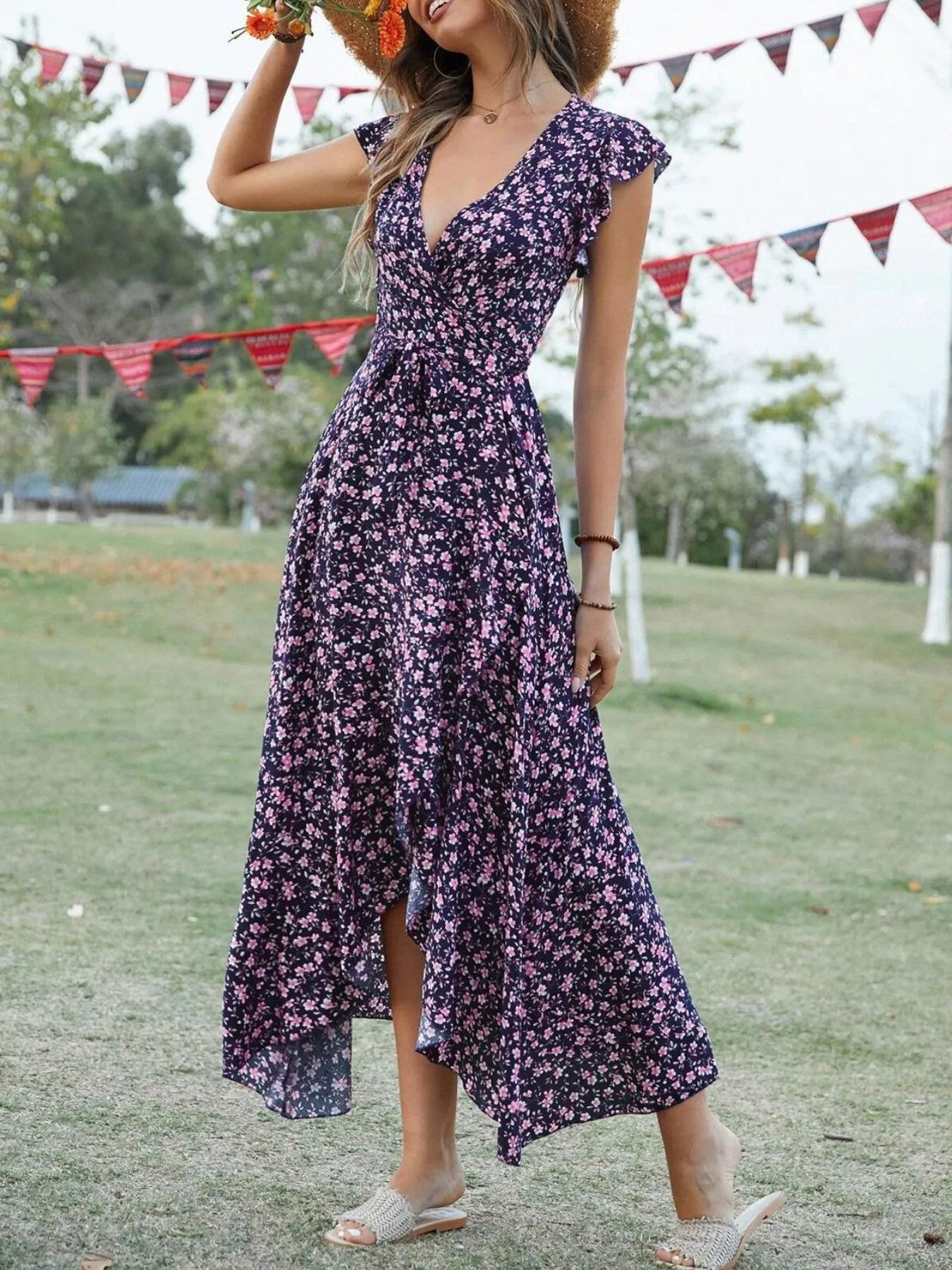 Printed Surplice Ruffle Sleeve Dress Navy Blue