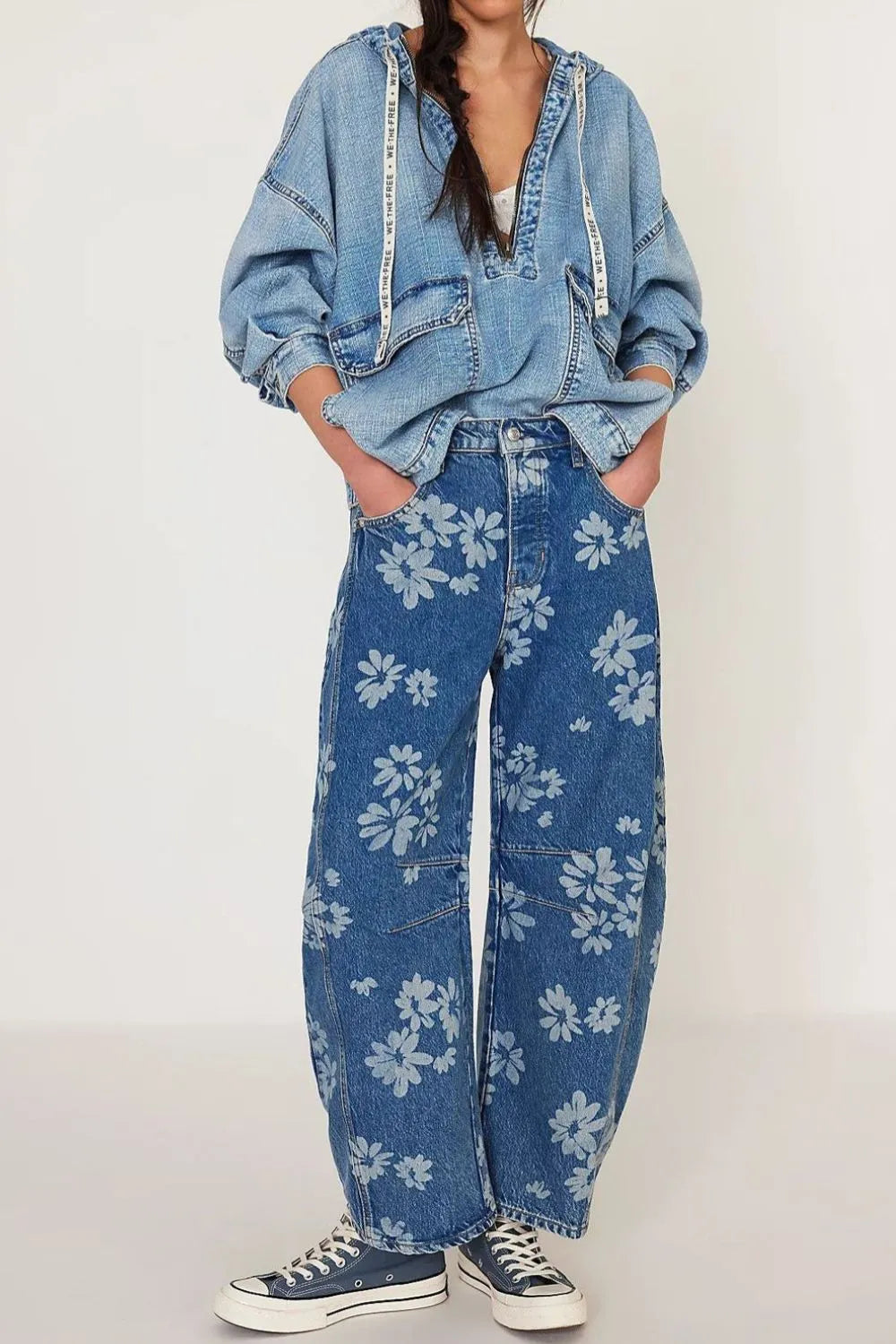 Trendy Flower Print Wide Leg Jeans with Pockets - 95% Rayon, No Stretch, Machine Washable