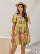 Crochet Trim Printed V-Neck Short Sleeve Mini Dress