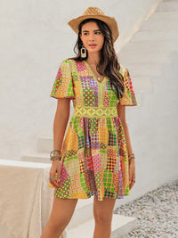 Crochet Trim Printed V-Neck Short Sleeve Mini Dress