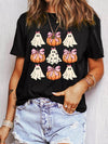 Halloween Ghost Pumpkin Bowknot T-Shirt, Slightly Stretchy, 62% Polyester, Fun Graphic Top - Store 42