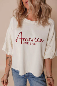AMERICA EST 1776 Embroidered Pearl Beaded Sleeve T Shirt - Store 42