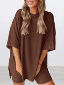 Full Size Oversized Round Neck Top and Shorts Set Plus Size Coffee Brown