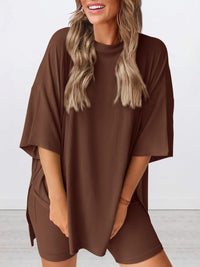 Full Size Oversized Round Neck Top and Shorts Set Plus Size Coffee Brown