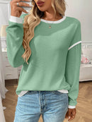 Slightly Stretchy Ribbed Long Sleeve Top with Contrast Trim - Elegant Basic Style - Store 42