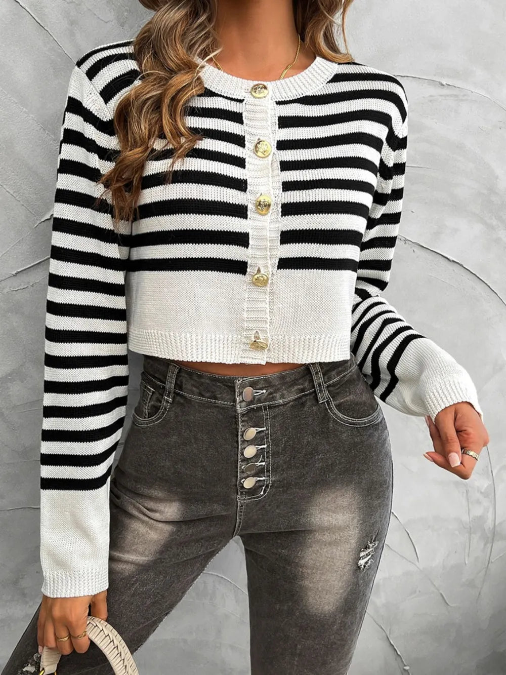 Devine Striped Button Down Cardigan - Soft 100% Polyester, Slightly Stretchy, Round Neck Design