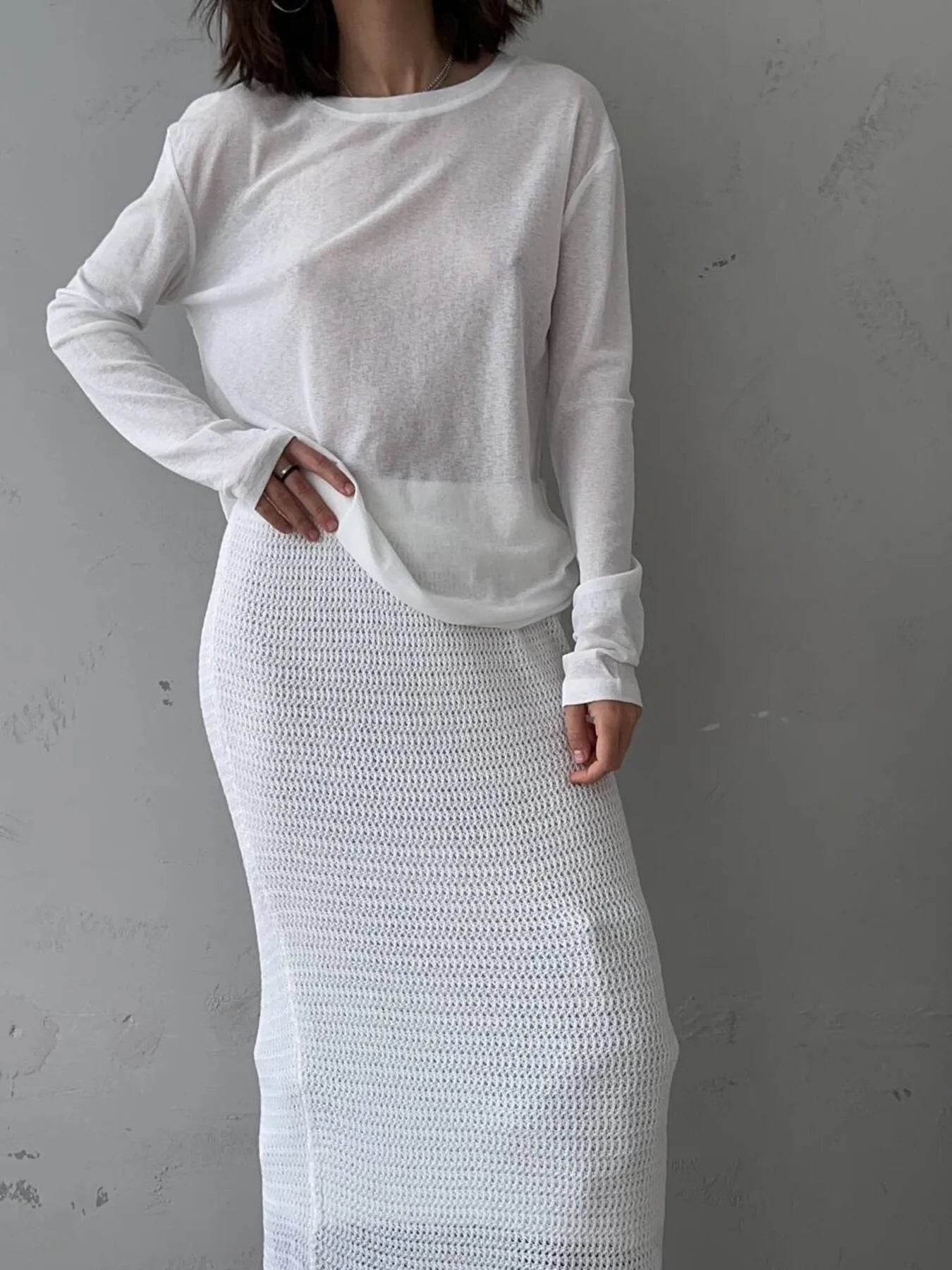 Slightly Stretchy Knotted Long Sleeve T-Shirt in Sheer 100% Polyester - Trendy Basic Style - Store 42