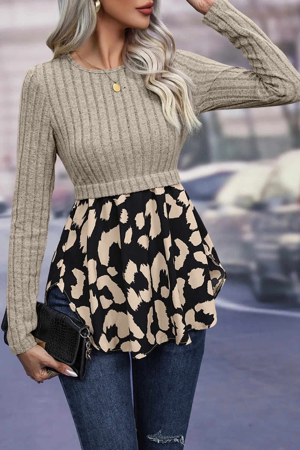 Ivy Lane Leopard Print Peplum Blouse with Round Neck, Slightly Stretchy Polyester Blend