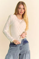 Davi & Dani Bow Mesh Round Neck Long Sleeve Top Cream