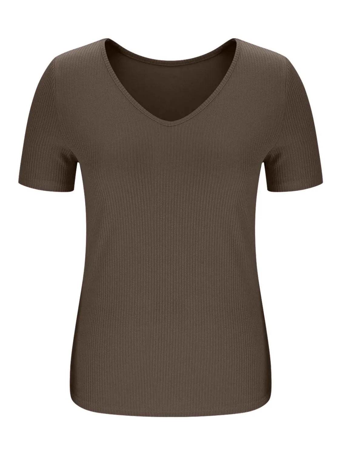 Trendy Solid V-Neck Short Sleeve T-Shirt - Slightly Stretchy, 95% Polyester, 5% Spandex - Store 42