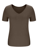 Trendy Solid V-Neck Short Sleeve T-Shirt - Slightly Stretchy, 95% Polyester, 5% Spandex - Store 42