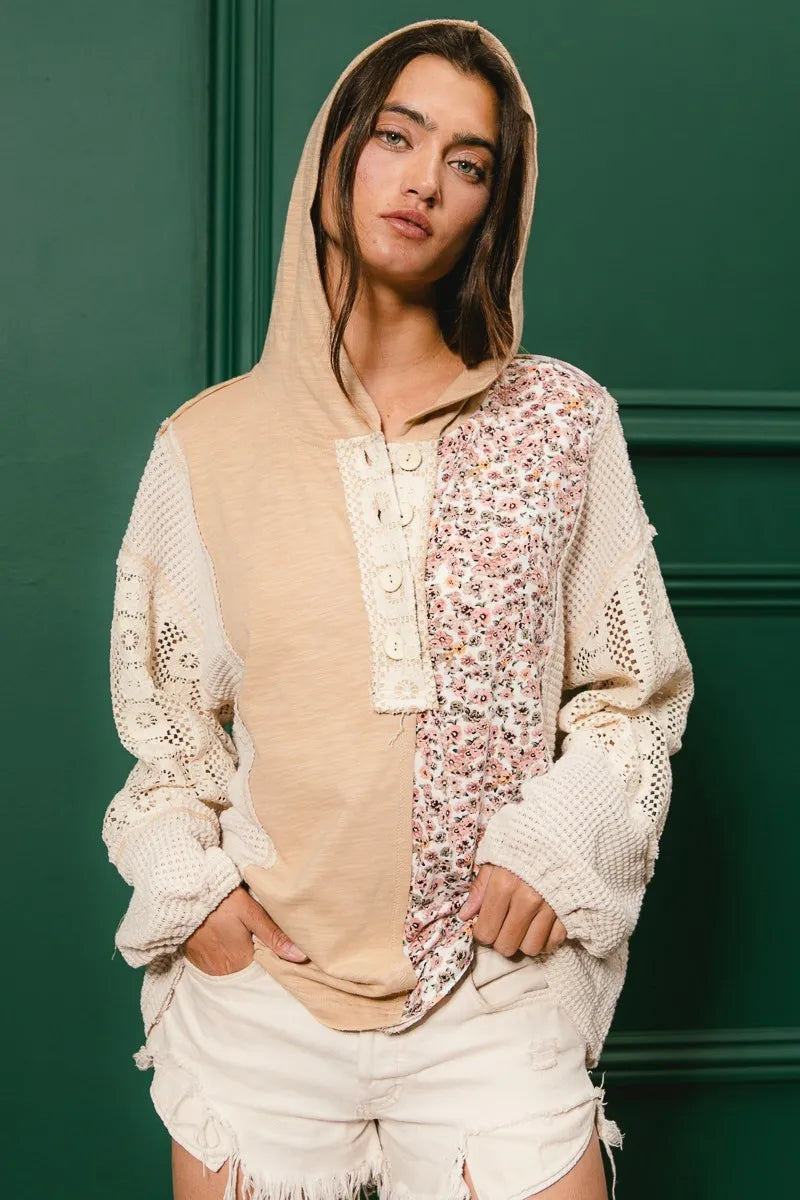 BiBi Slub Jersey with Lace Combo Buttoned Hoodie Top