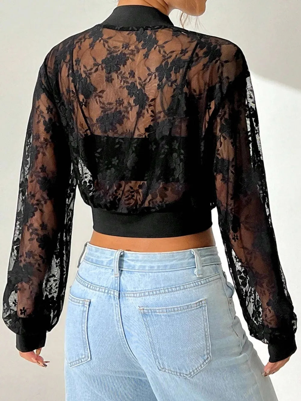 Lace Baseball Collar Zip-Up Jacket for Women - Stylish 100% Polyester Layering Top