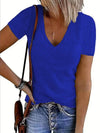 Trendy Solid V-Neck Short Sleeve T-Shirt - Slightly Stretchy, 95% Polyester, 5% Spandex - Store 42