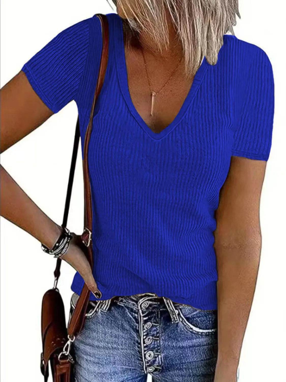 Trendy Solid V-Neck Short Sleeve T-Shirt - Slightly Stretchy, 95% Polyester, 5% Spandex - Store 42