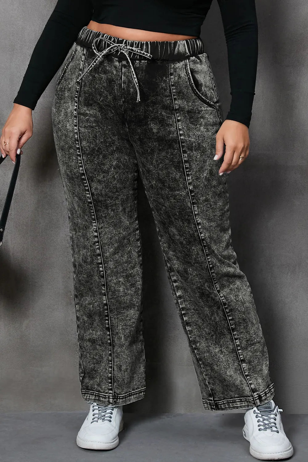 Trendsi Plus Size Straight Jeans With Drawstring & Pocket - 71% Cotton, Non-Stretch, Casual Style