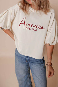 AMERICA EST 1776 Embroidered Pearl Beaded Sleeve T Shirt - Store 42