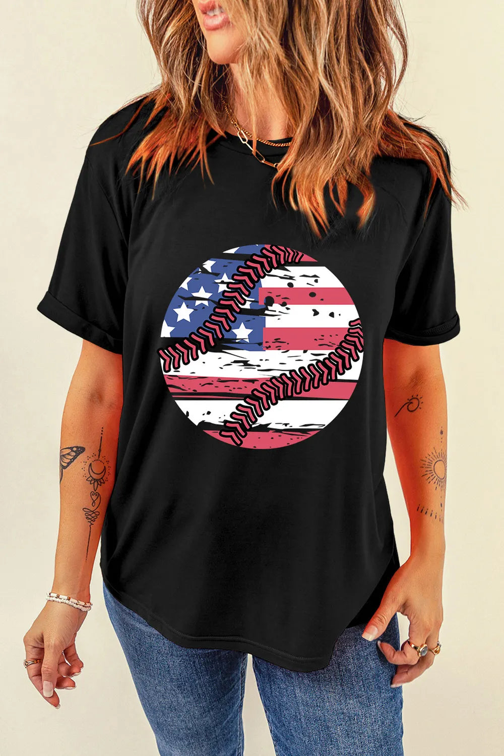 US Flag Round Neck T-Shirt for Women - Short Sleeve, Slightly Stretchy, Casual Style