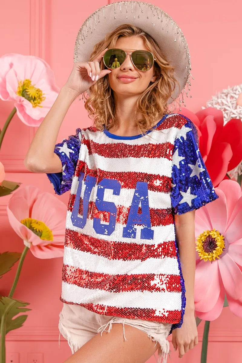 Patriotic Sequin Top with USA Lettering and American Flag Theme - Perfect for Independence Day