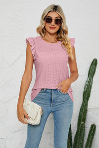 Trendy Smocked Round Neck Eyelet Top with Cap Flutter Sleeves - Casual Long Length Blouse - Store 42