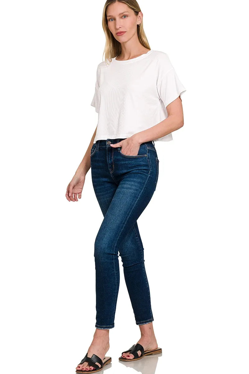 Zenana Ribbed Round-Neck Crop T-Shirt