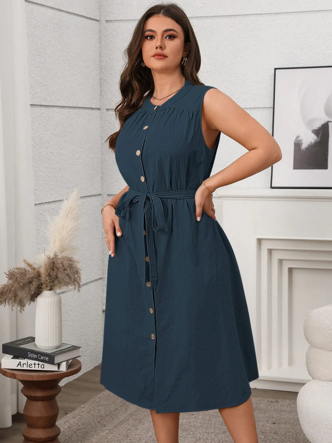 Plus Size Button Front Tie Waist Sleeveless Dress Dark Navy