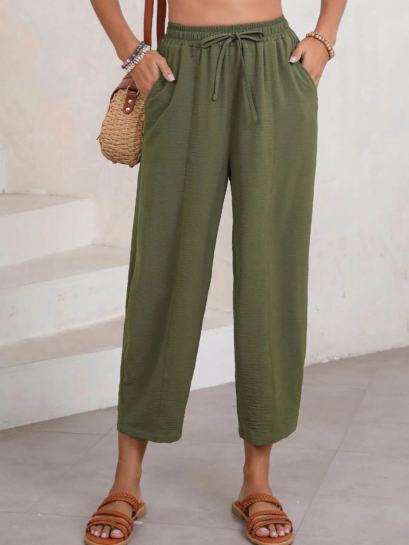 Full Size Drawstring Wide Leg Cropped Pants Plus Size