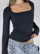 Fitted Long Sleeve T-Shirt with Square Neck - Stretchy Polyester Blend - Trendsi - Store 42