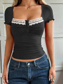 Lace Detail Short Sleeve T-Shirt with Buttoned Closure - Stretchy Polyester Blend Top - Store 42