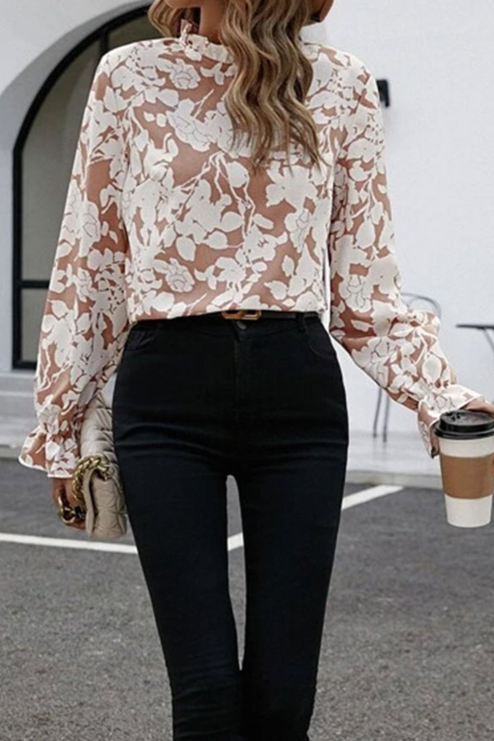 Women’s Floral Print Mock Neck Blouse with Ruffled Flounce Sleeves – 100% Polyester, Opaque