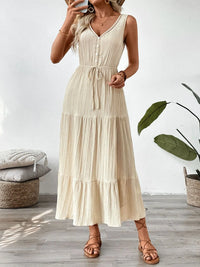 Decorative Button V-Neck Sleeveless Midi Tank Dress